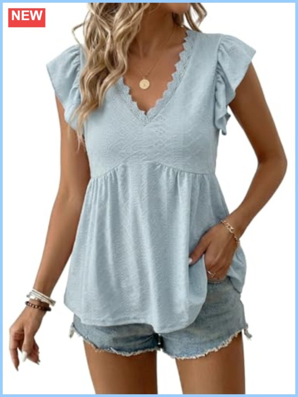 Lace V-Neck Peplum Tank Top Ruffle Sleeve Women's Summer Blouse